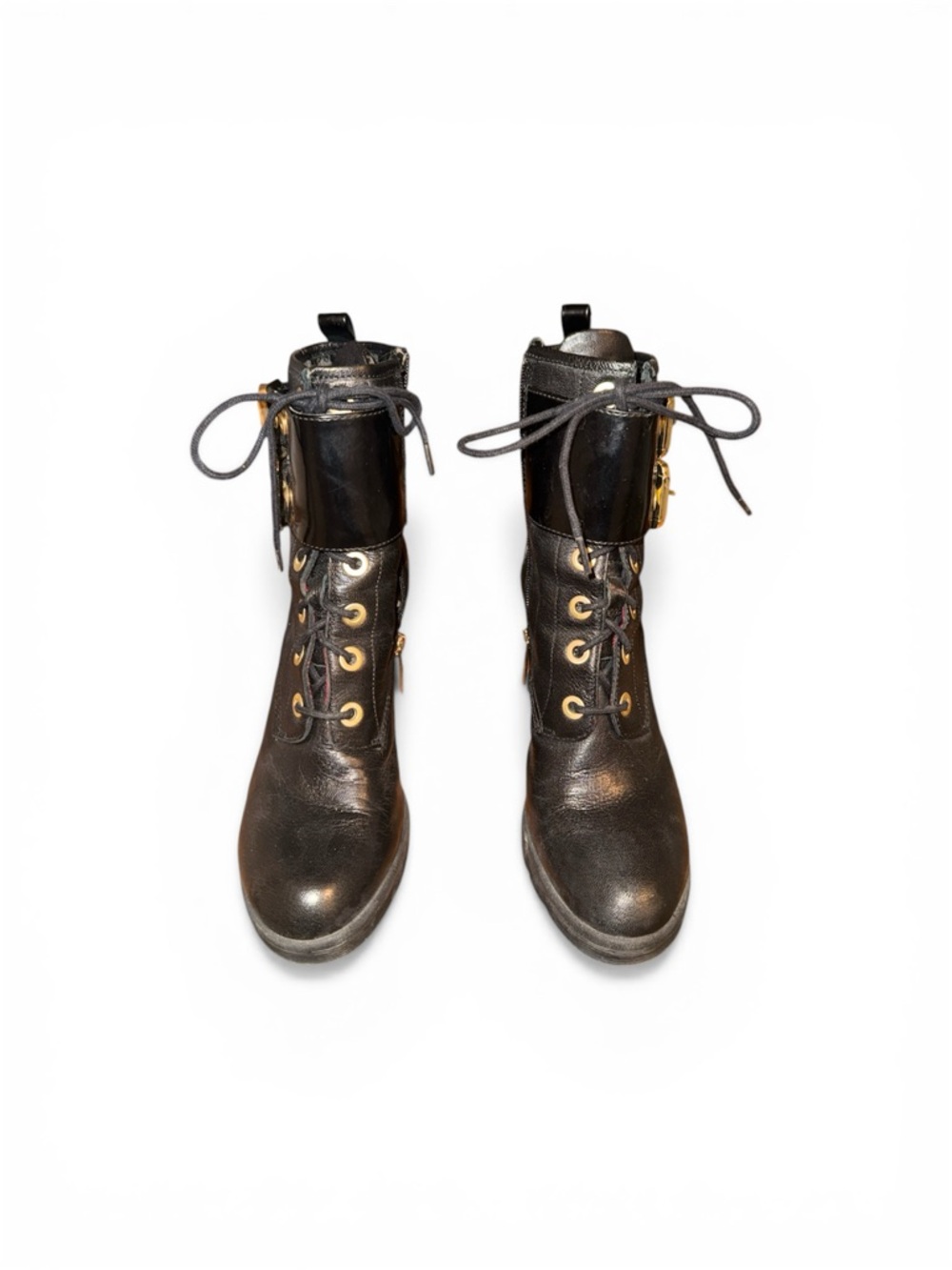Guess Black Lace-Up Combat Boots with Gold Hardware
